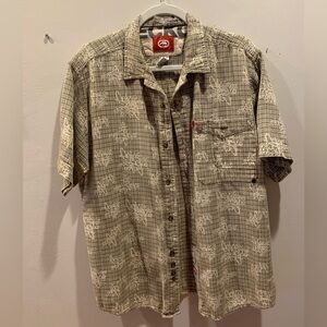 Ecko Men’s Medium Short Sleeve Button Down Tiki Olive Green-Brown Cotton Shirt